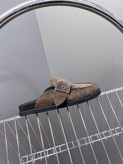 Hermes Women Brown Suede Buckle Mules