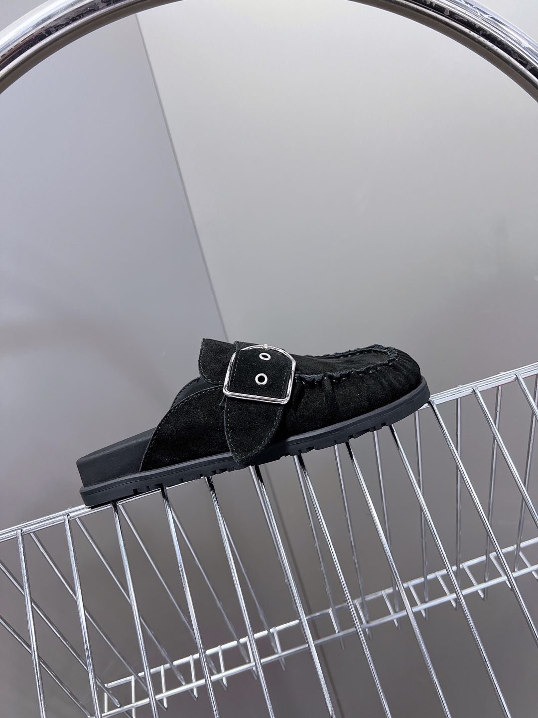 Hermes Women Black Suede Buckle Mules