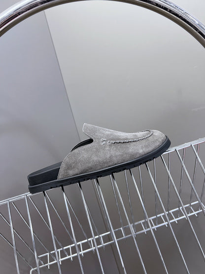 Hermes Women Gray Suede Slip-On Loafers