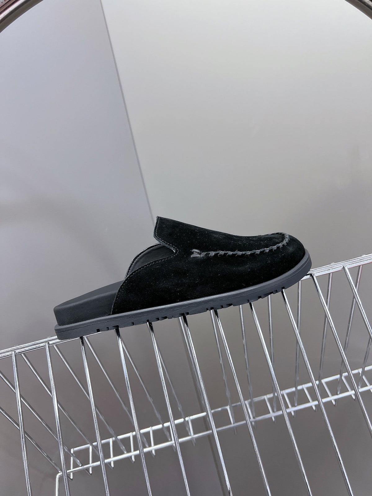 Hermes Women Black Suede Slippers