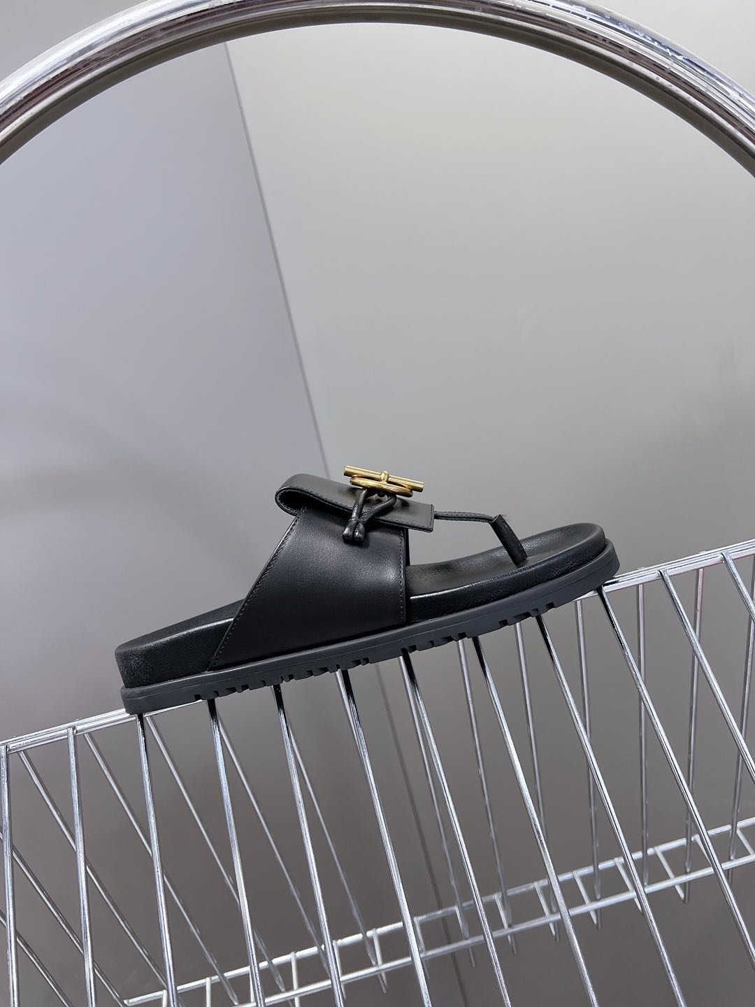 Hermes Women Black Leather Sandals