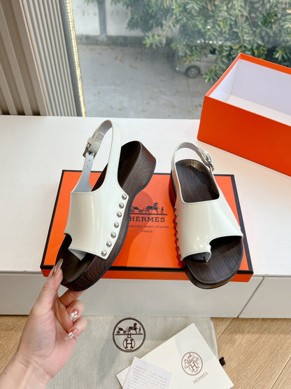 Hermes Women White Leather Wooden Sole Sandals