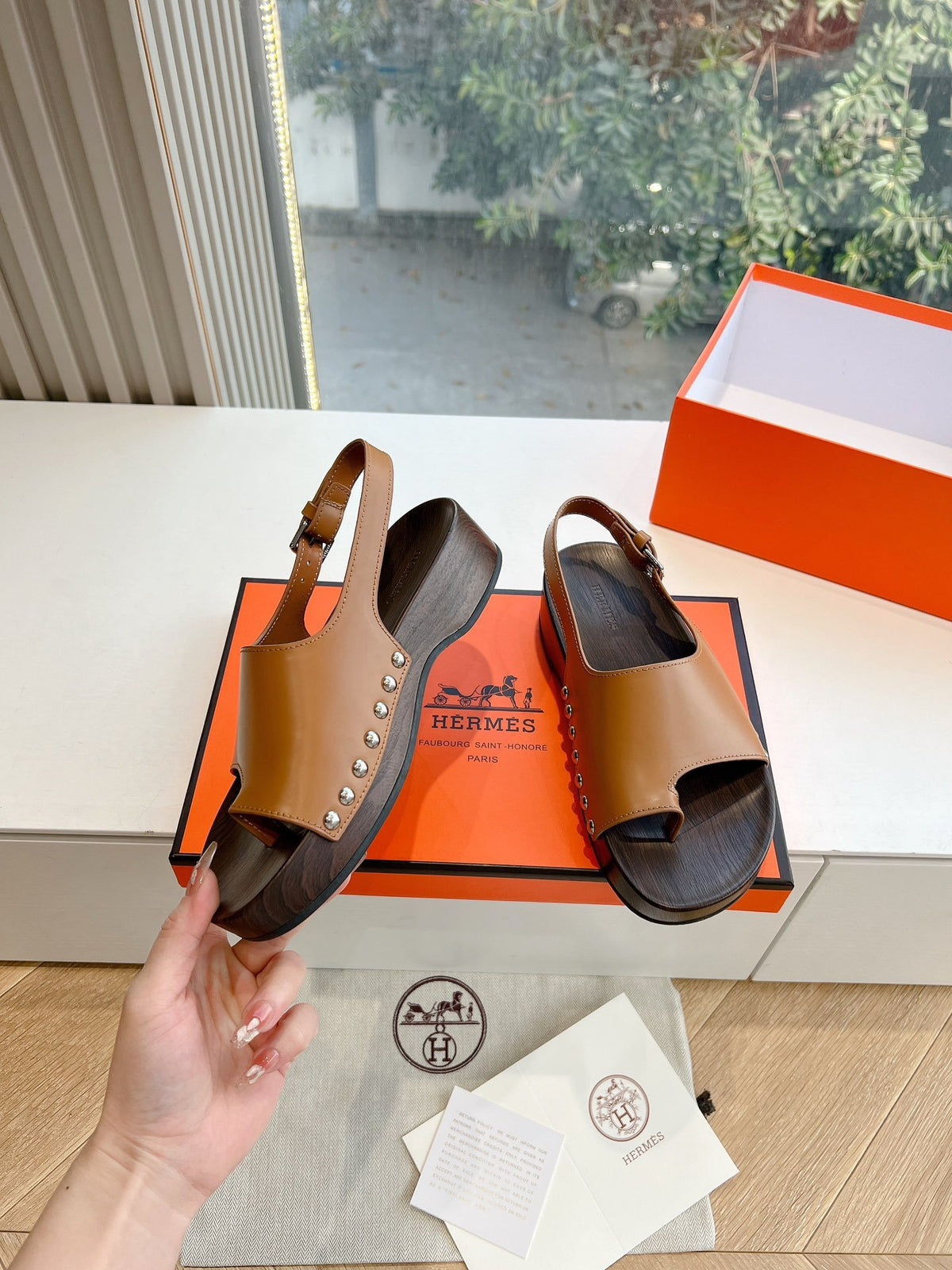 Hermes Women Brown Leather Slingback Sandals