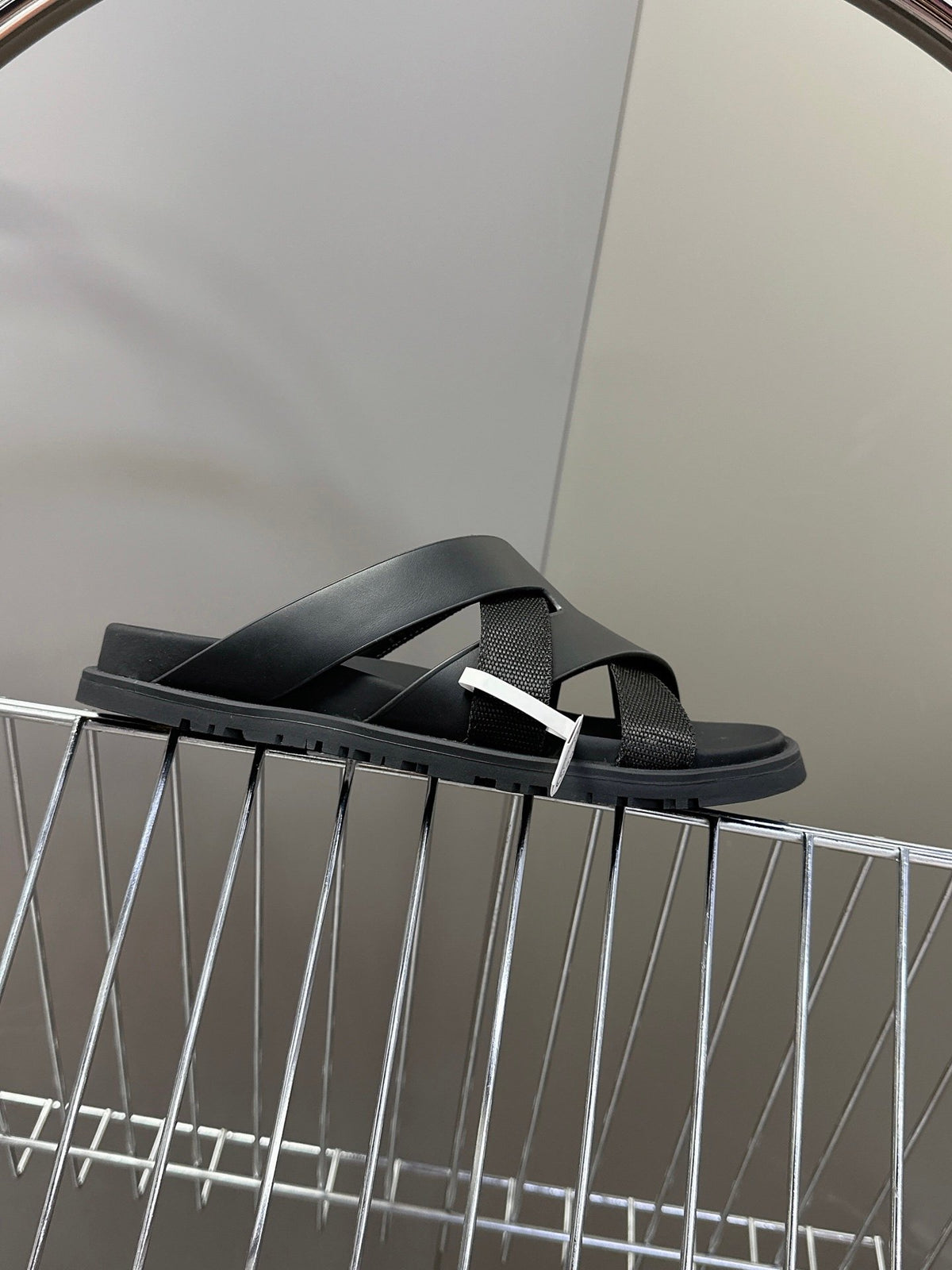Hermes Women Black Leather And Fabric Sandals