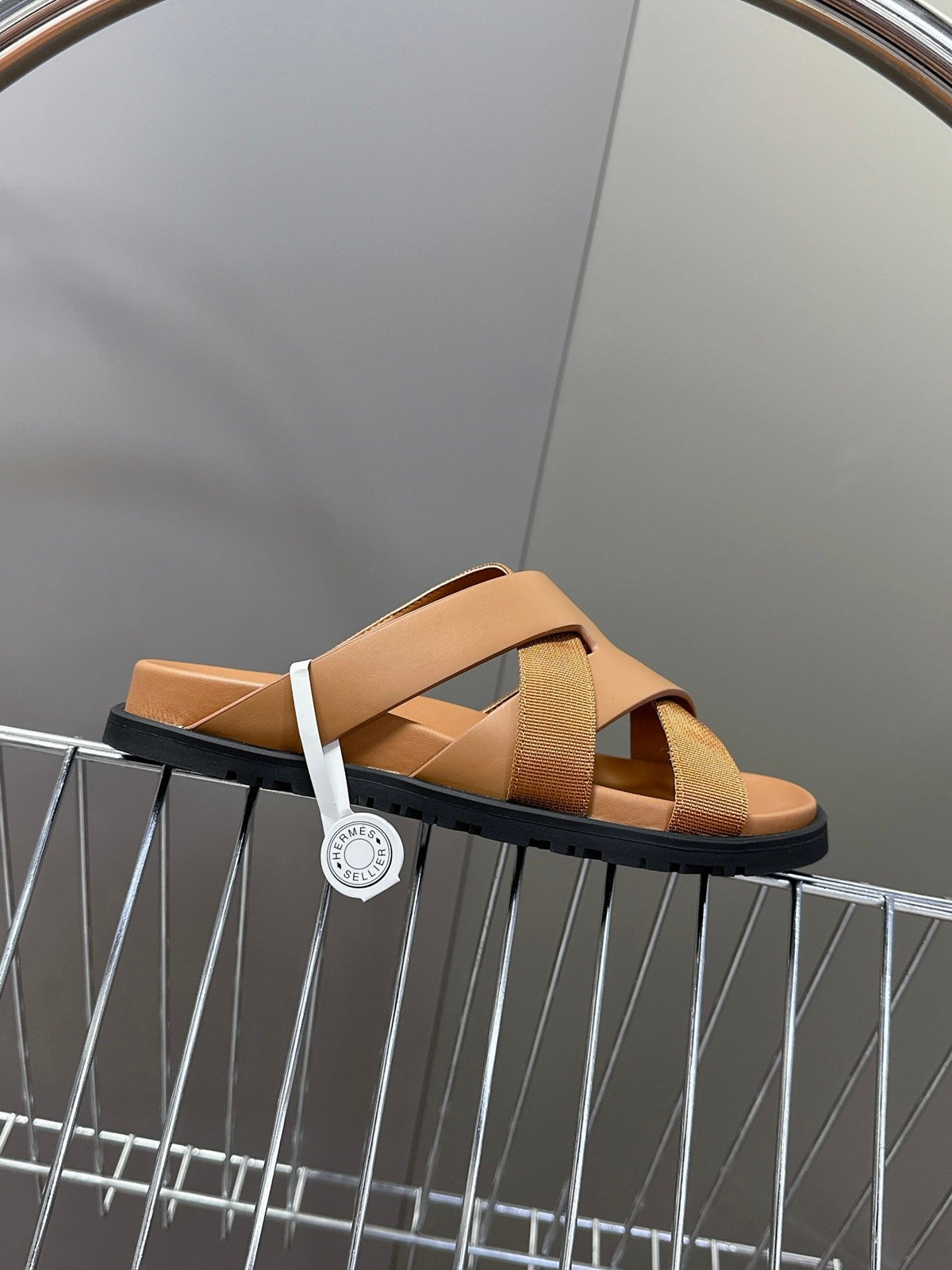 Hermes Women Tan Leather And Fabric Sandals
