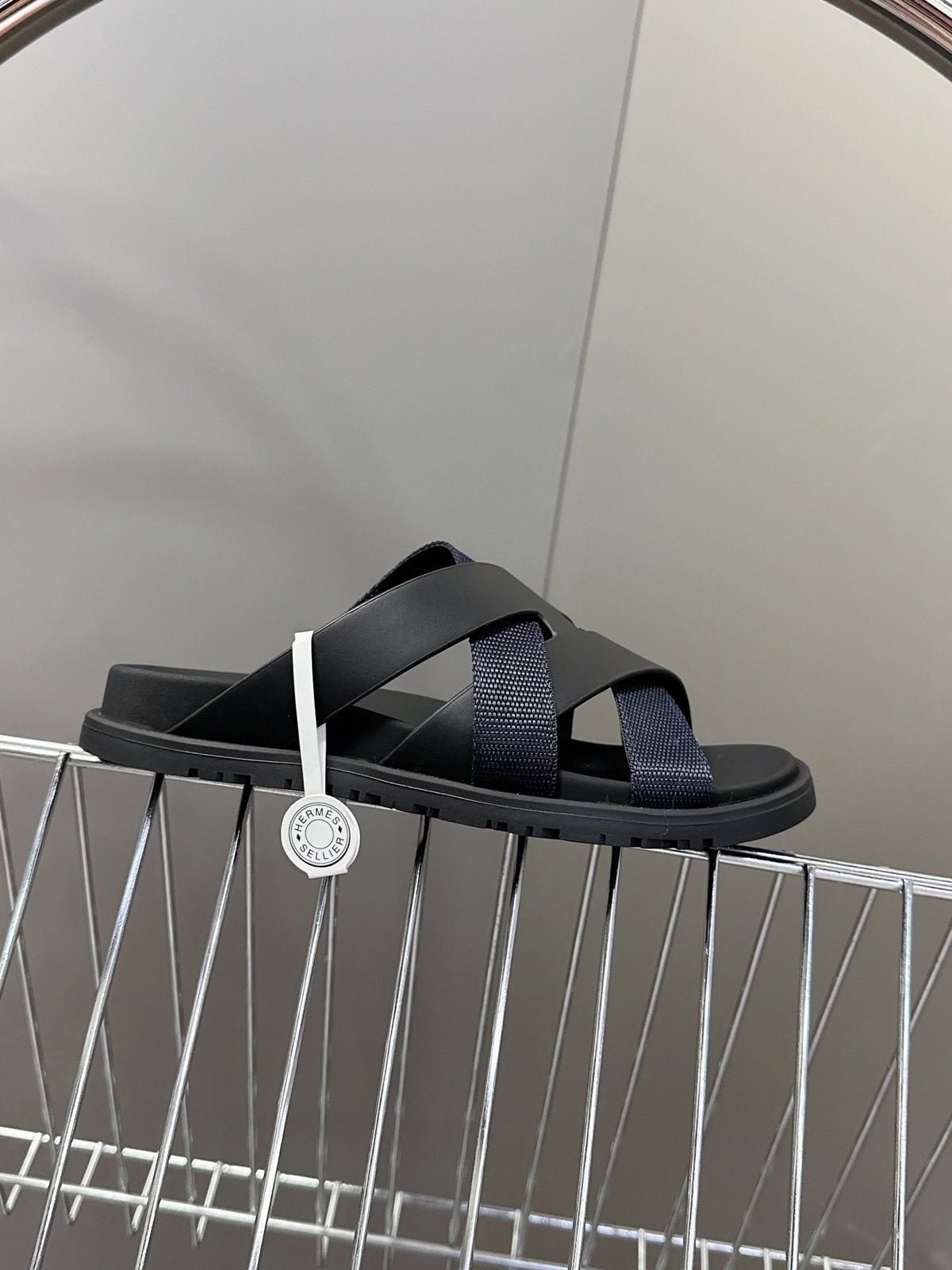 Hermes Women Navy Blue Leather And Fabric Sandals