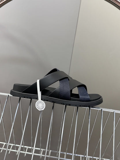 Hermes Women Navy Blue Leather And Fabric Sandals
