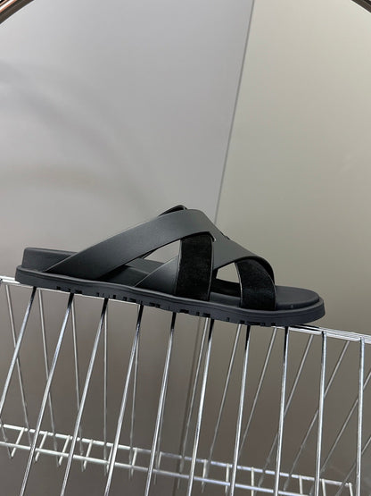 Hermes Women Black Leather Suede Sandals