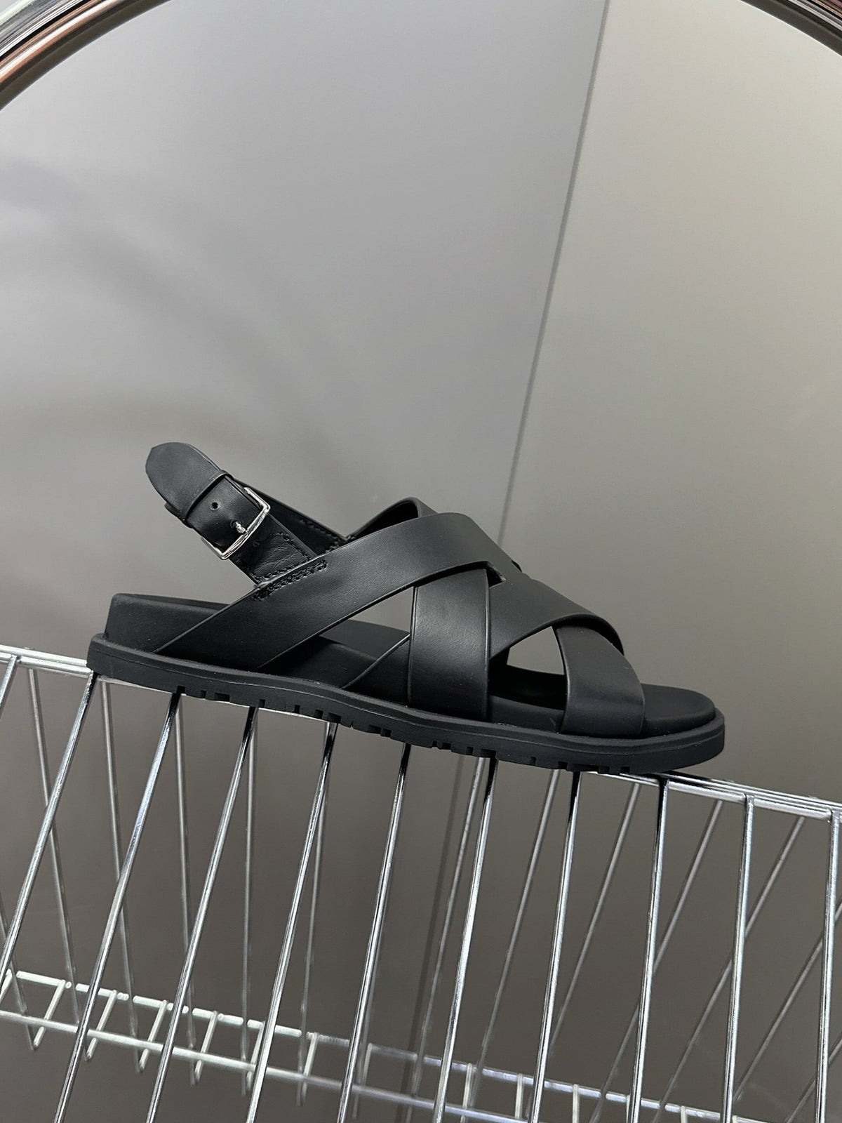 Hermes Women Black Leather Strappy Sandals