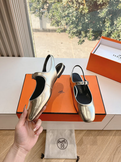 Hermes Women Silver Leather Mary Jane Heels
