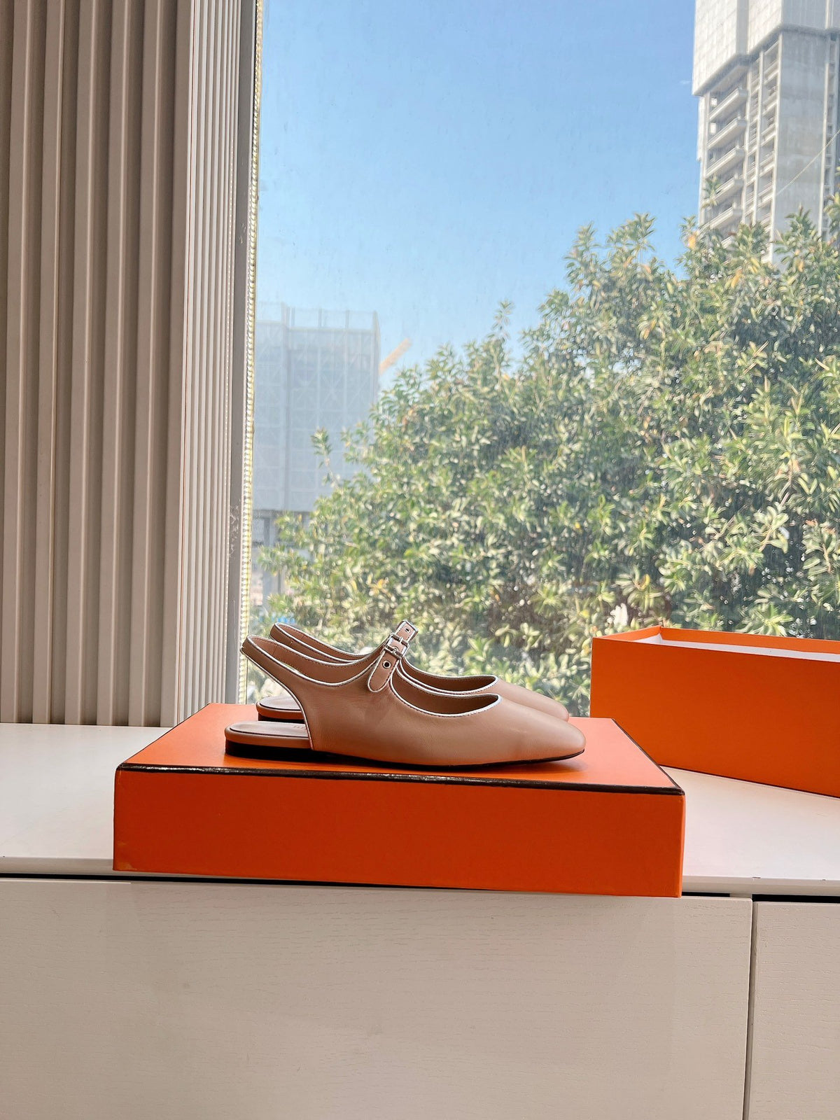 Hermes Women Beige Leather Mary Jane Flats