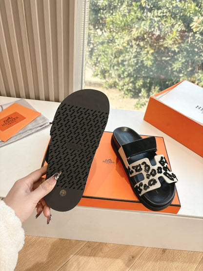 Hermes Women Black Suede And Leopard Print Sandals