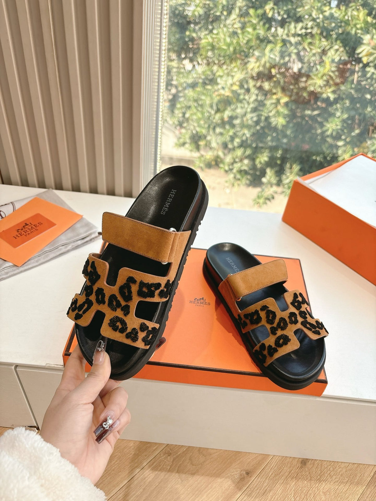 Hermes Women Tan Suede Leopard Print Slippers