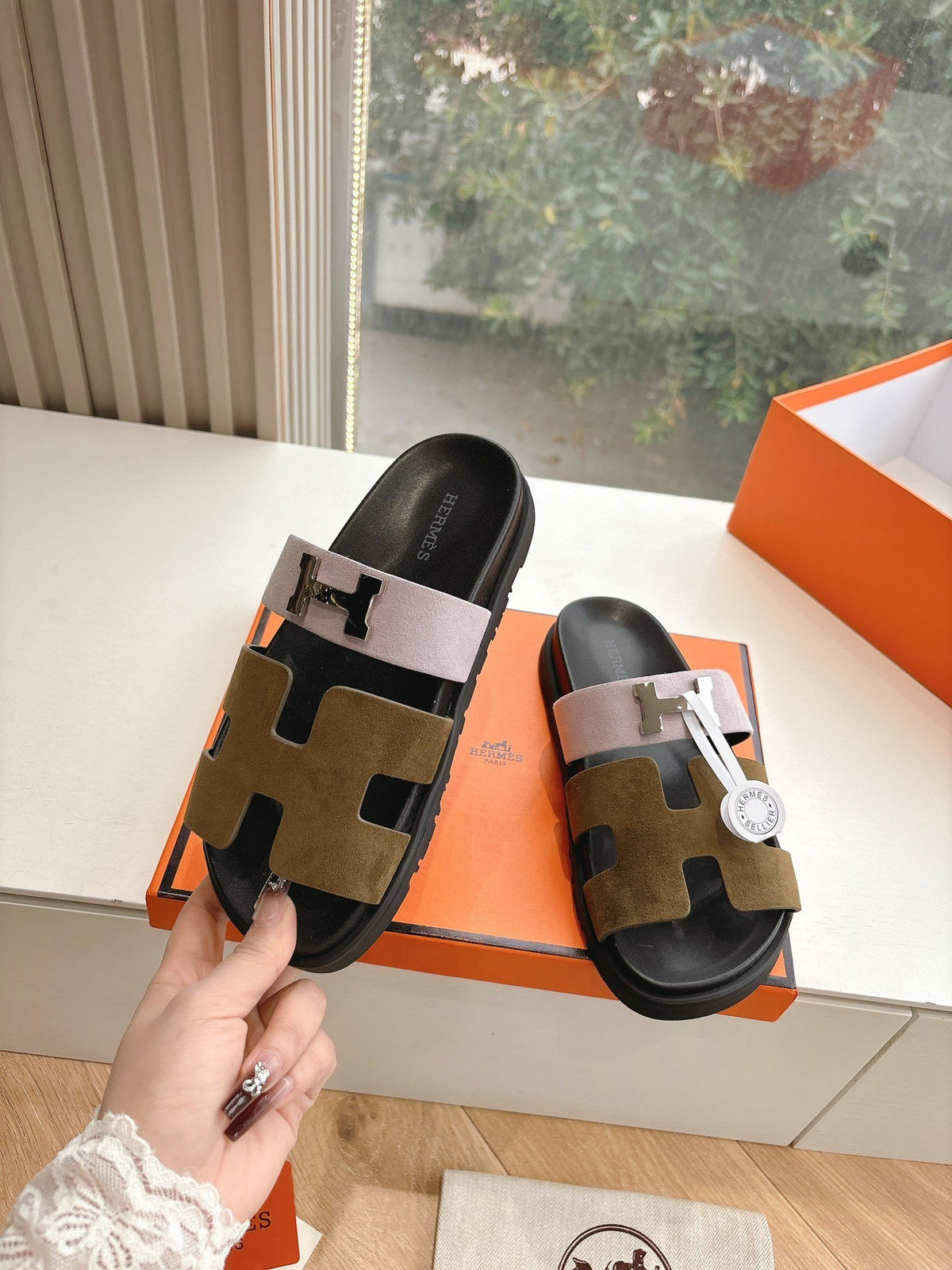 Hermes Women Pink And Olive Suede Sandals