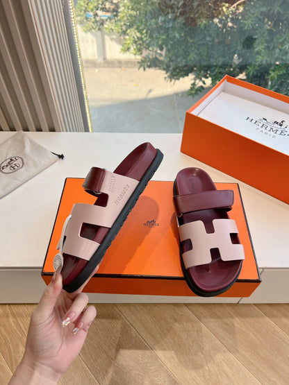 Hermes Women Burgundy Leather Pink Accent Sandals