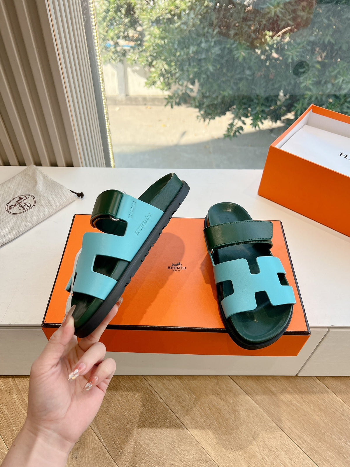 Hermes Women Green Leather Blue Sandals