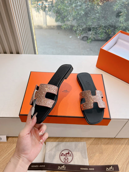 Hermes Women Rose Gold Crystal Leather Sandals