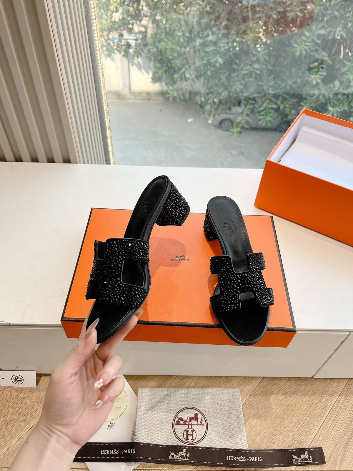 Hermes Women Black Embellished Leather Mules