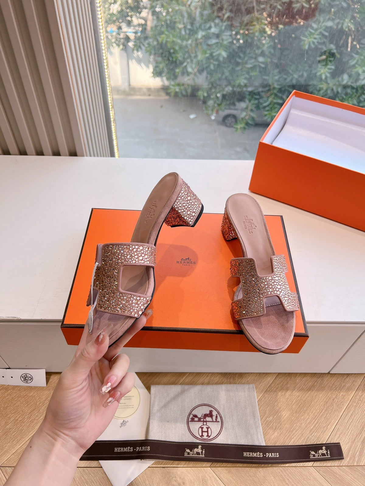 Hermes Women Pink Suede Crystal-Embellished Mules