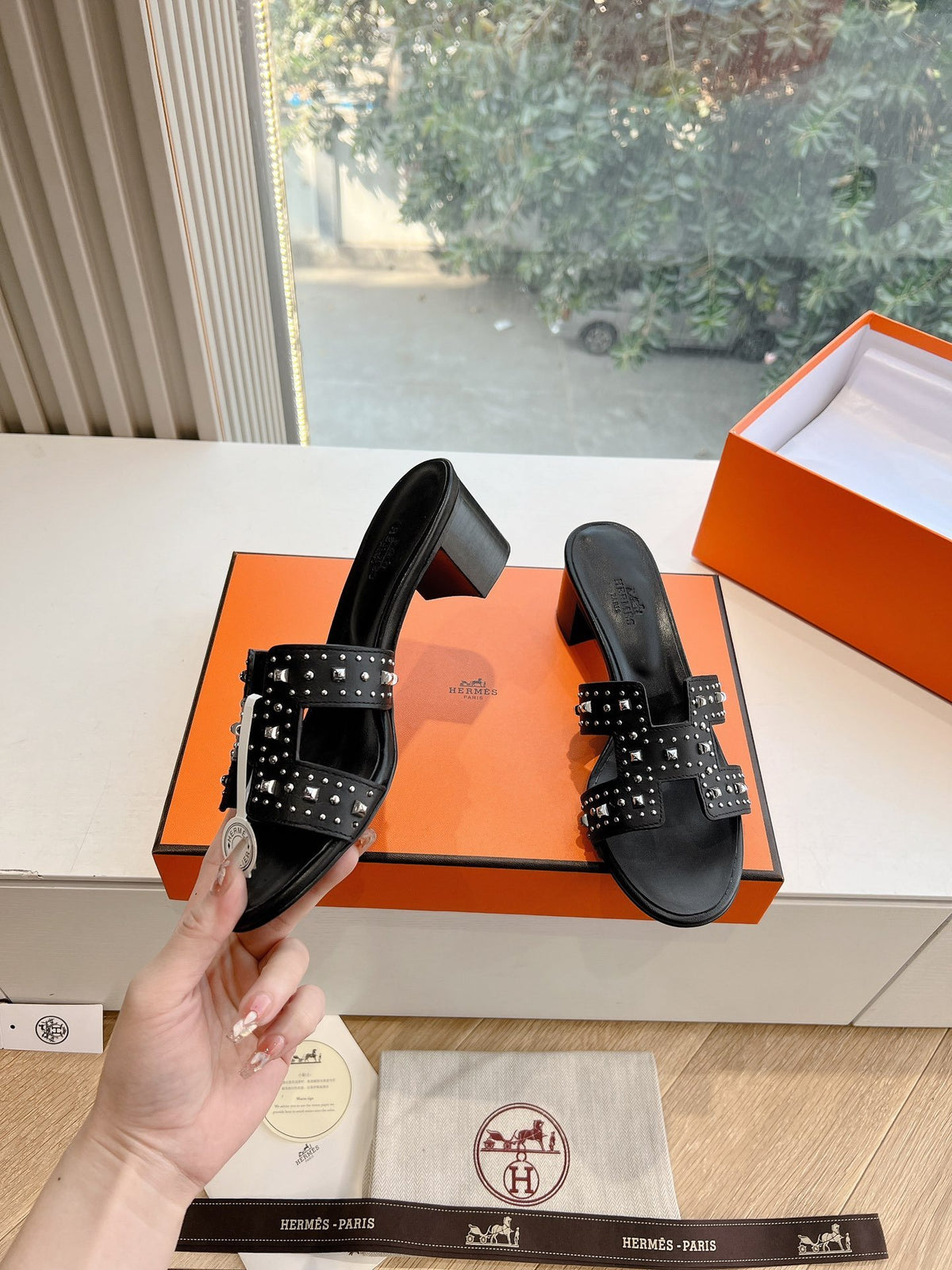 Hermes Women Black Leather Studded Mules