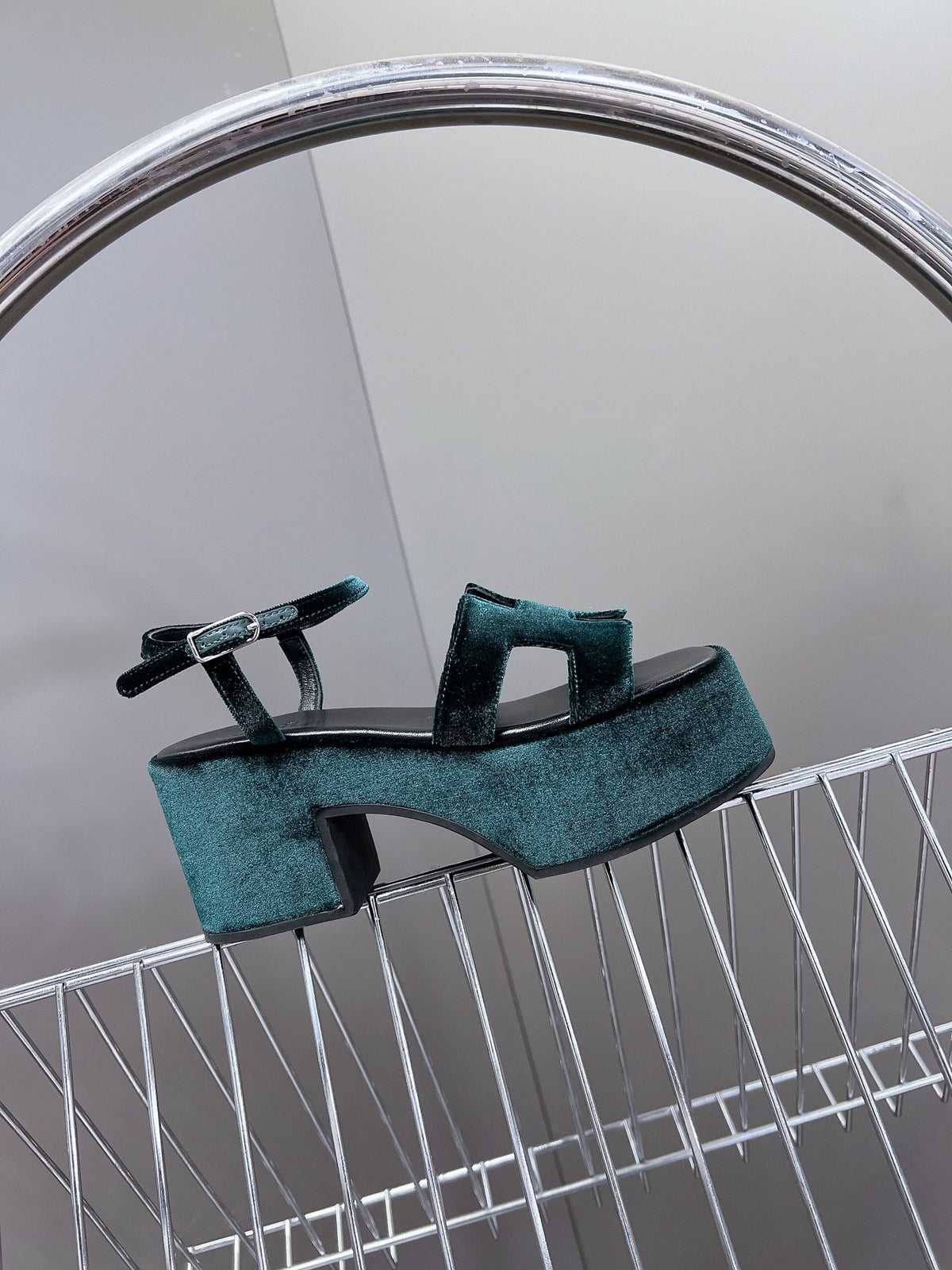 Hermes Women Dark Green Velvet Sandals