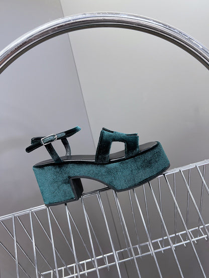 Hermes Women Dark Green Velvet Sandals