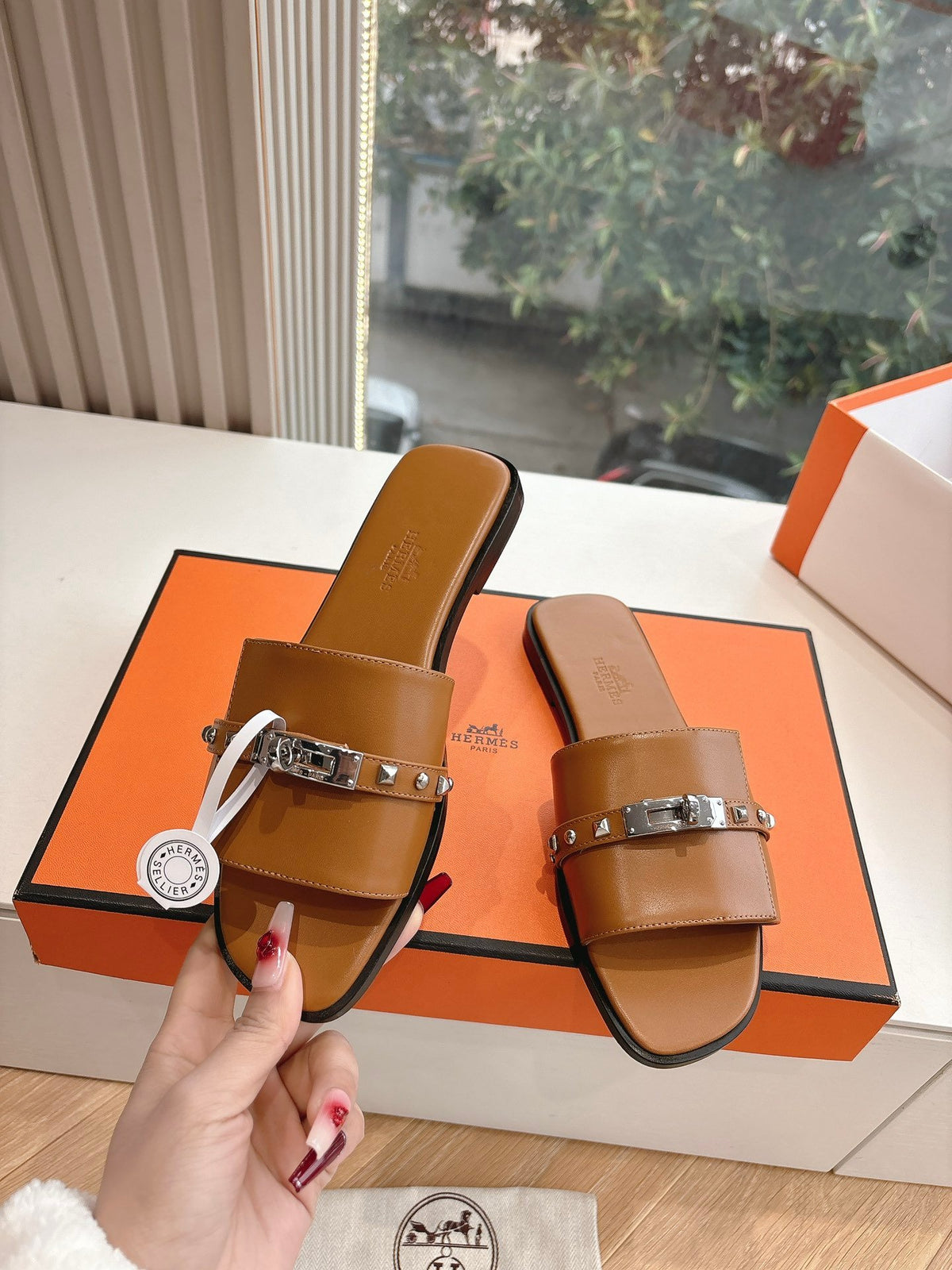 Hermes Women Brown Leather Slide Sandals