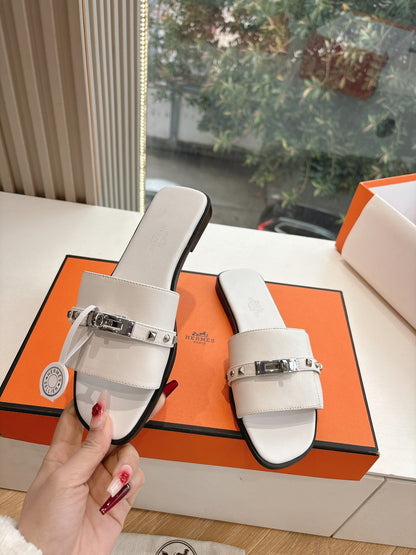 Hermes Women White Leather Slide Sandals