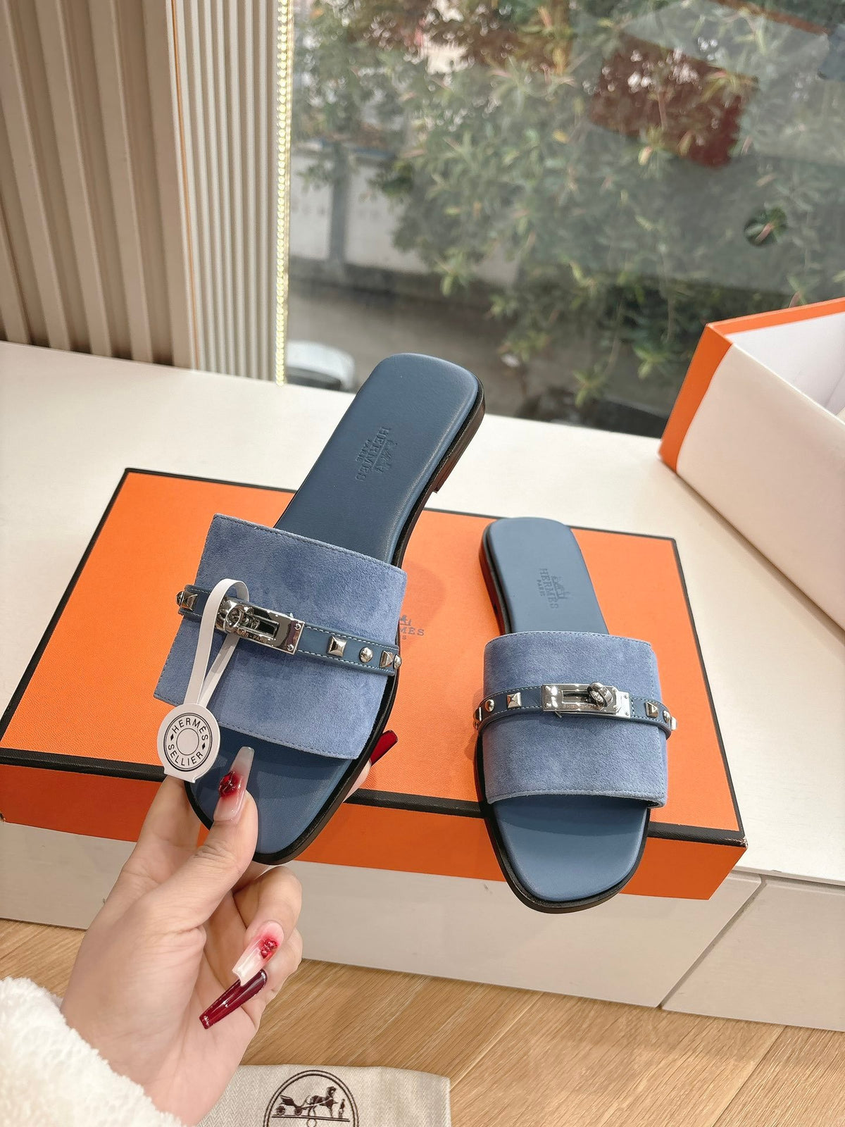 Hermes Women Blue Suede Flat Slide Sandals