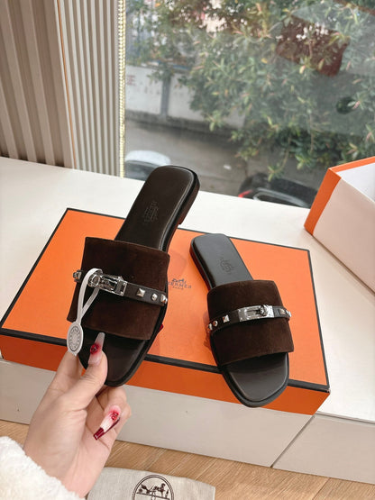 Hermes Women Dark Brown Suede Leather Strap Mules