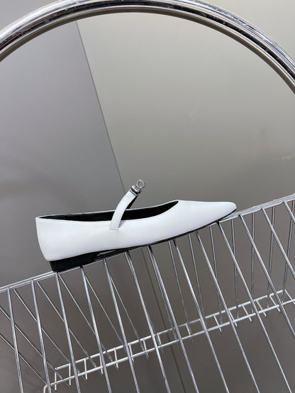 Hermes Women White Leather Pointed Mary Jane Flats