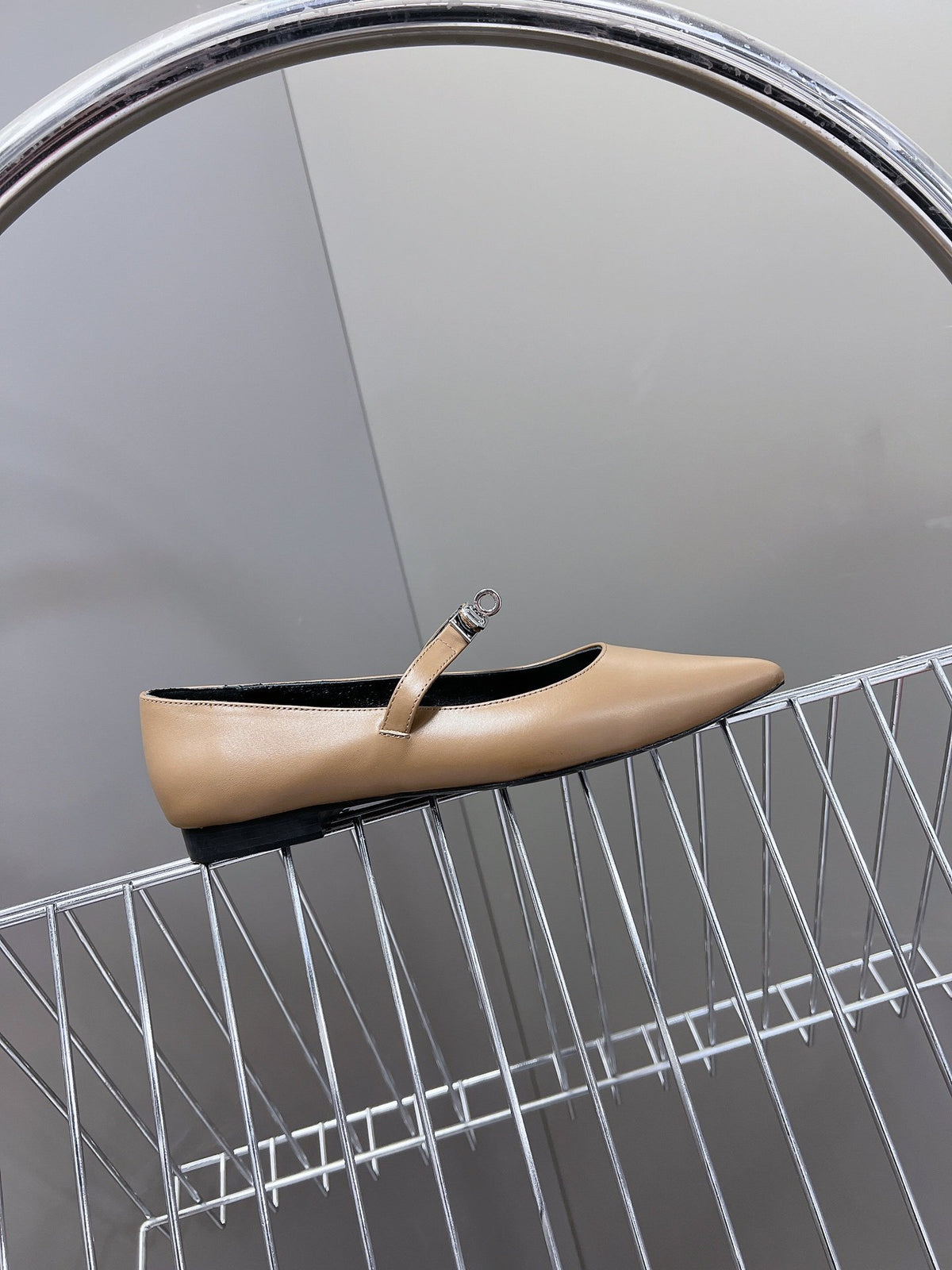 Hermes Women Beige Leather Pointed Strap Flats