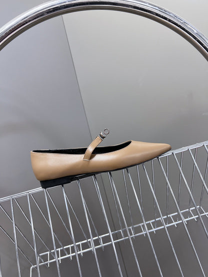 Hermes Women Beige Leather Pointed Strap Flats