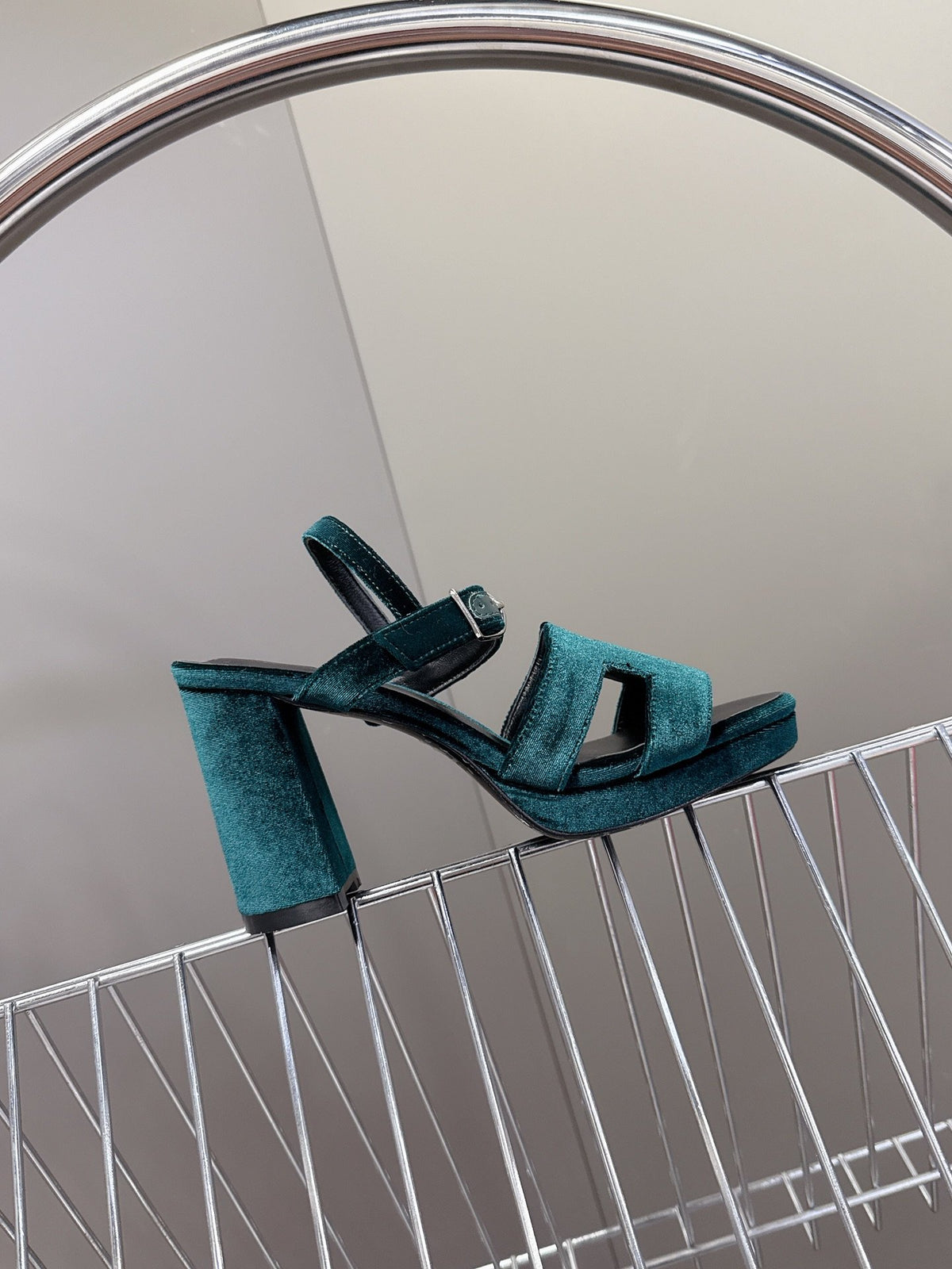 Hermes Women Dark Green Suede Sandals