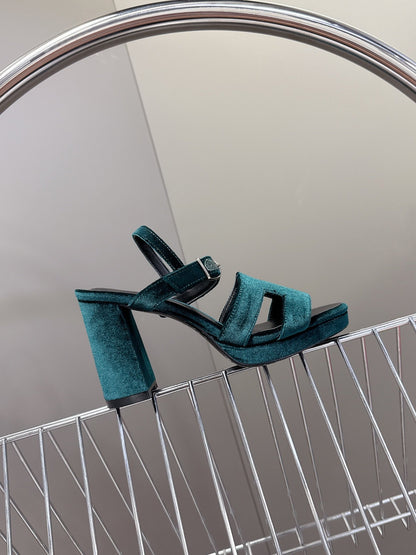 Hermes Women Dark Green Suede Sandals