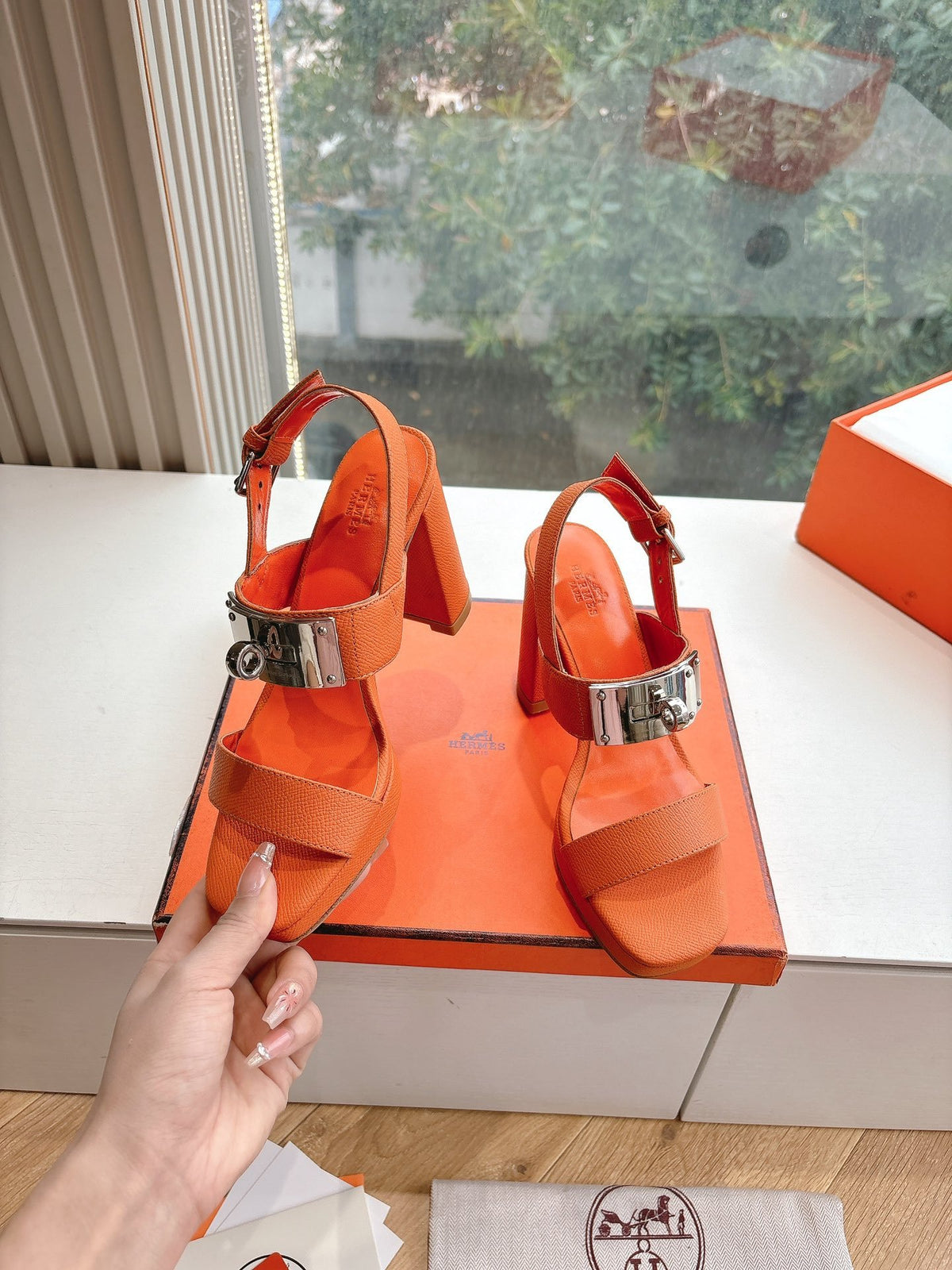 Hermes Women Orange Leather Sandals