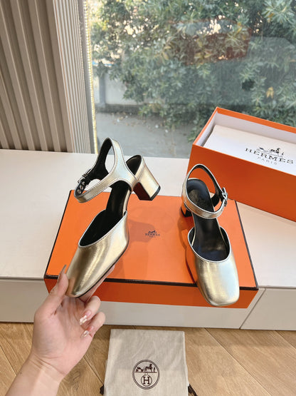 Hermes Women Silver Leather Square Toe Heels