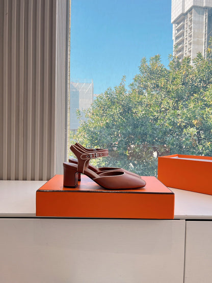 Hermes Women Brown Leather Heels