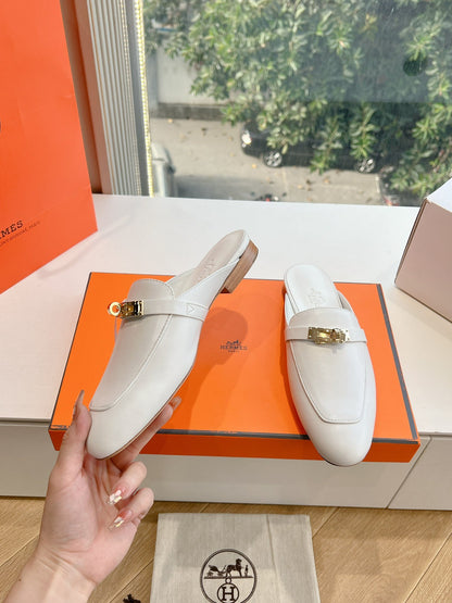 Hermes Women White Leather Mules