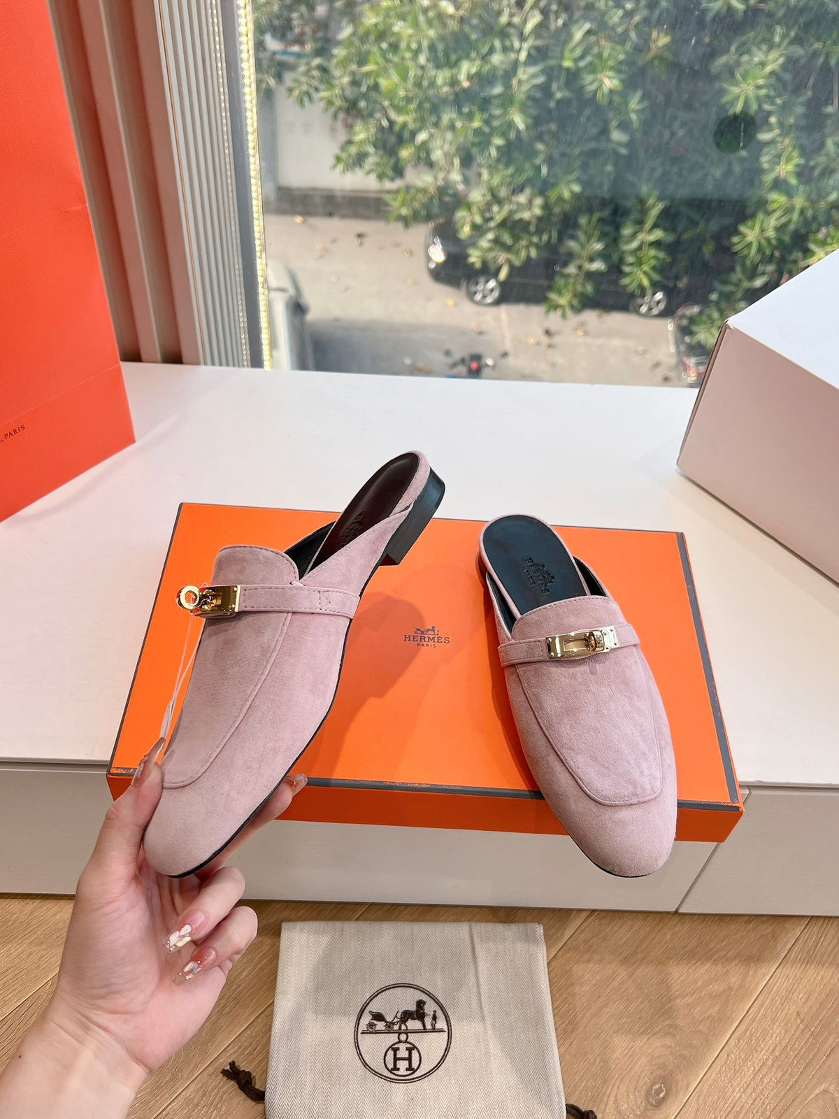 Hermes Women Pink Suede Mules
