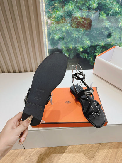 Hermes Women Black Leather Strappy Sandals