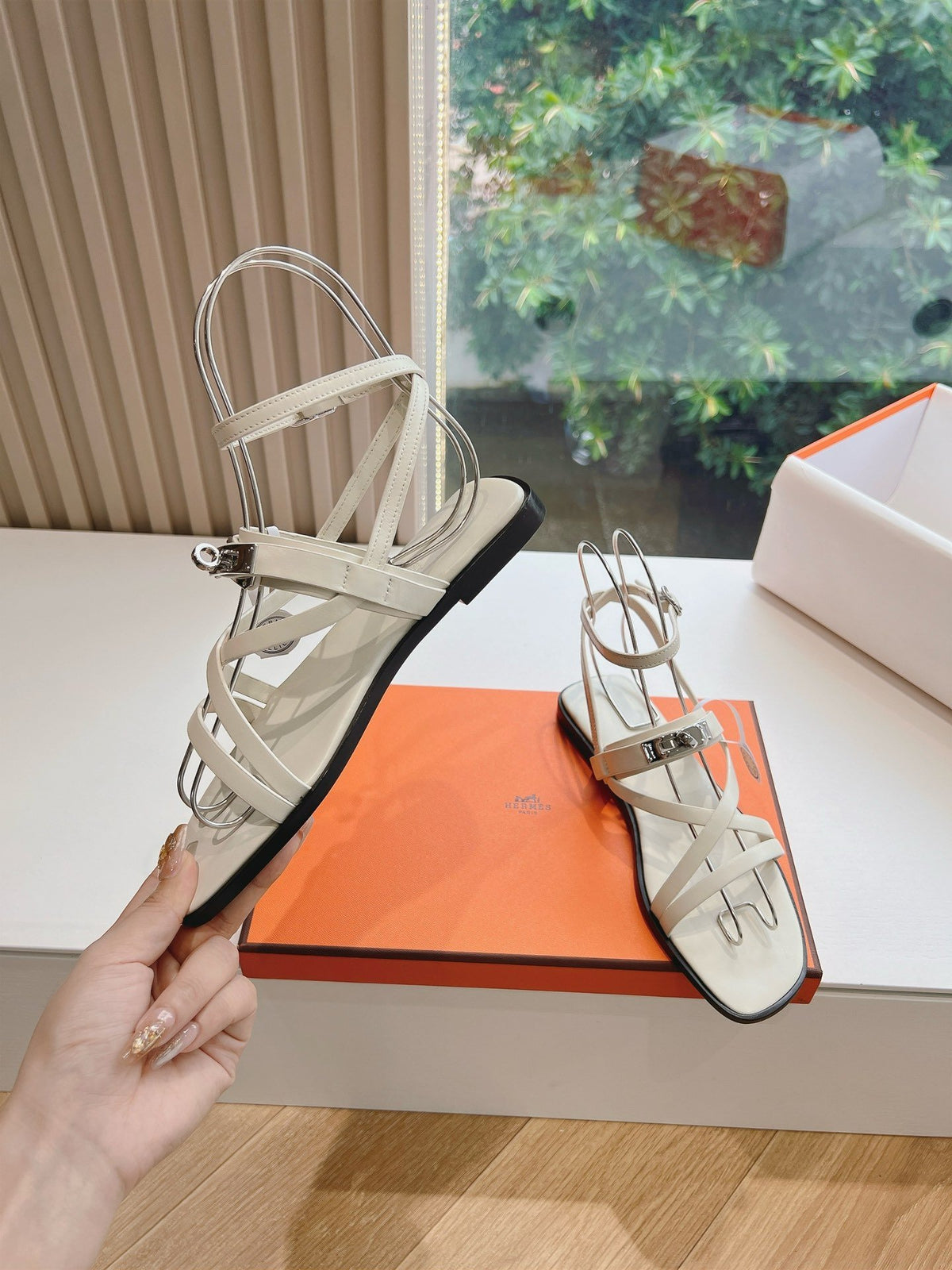 Hermes Women White Leather Strappy Sandals