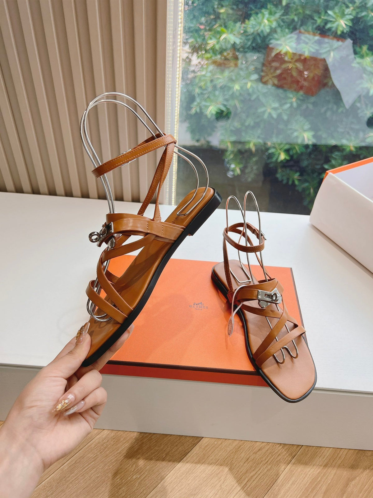 Hermes Women Tan Leather Strappy Sandals