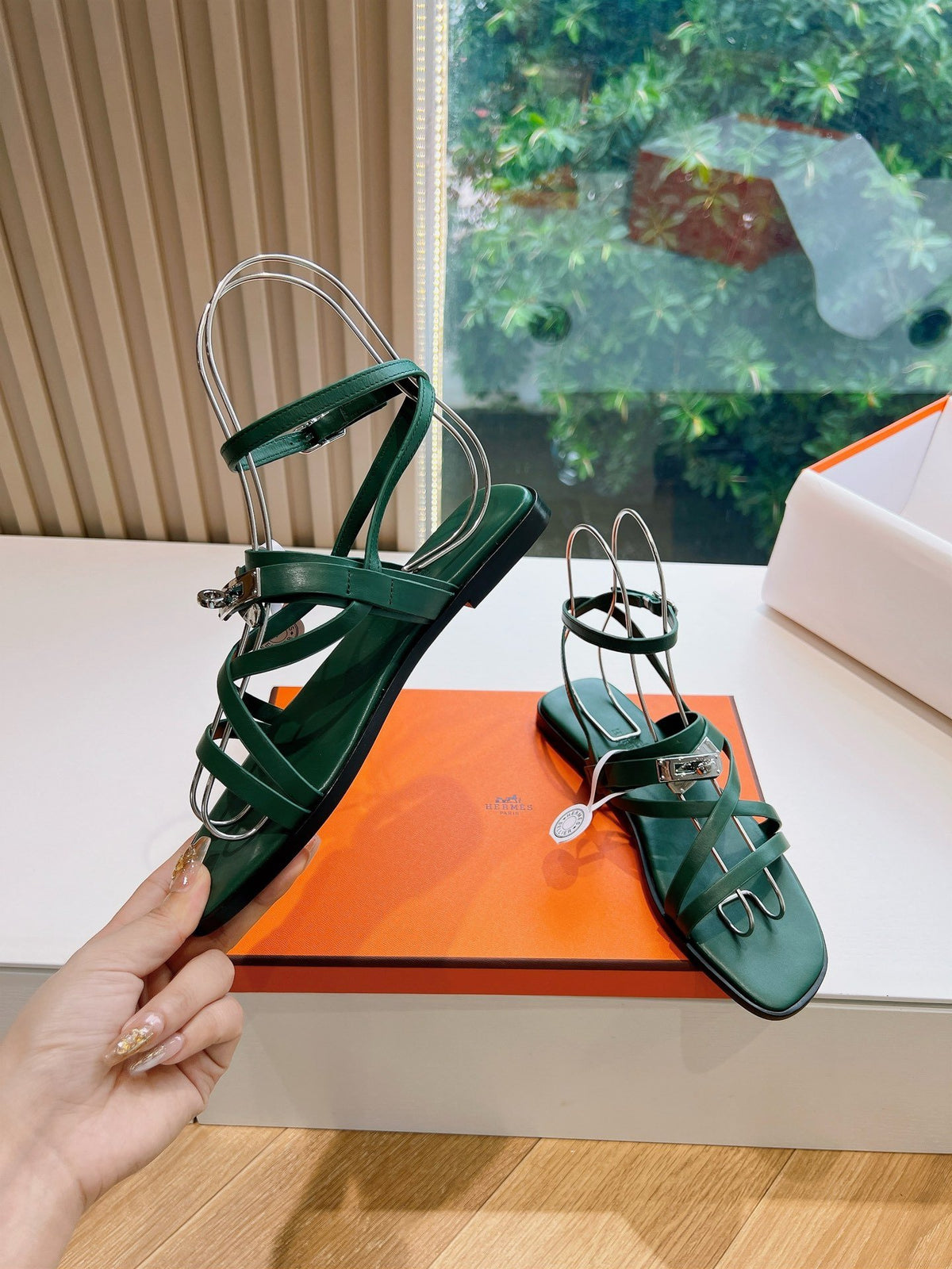 Hermes Women Green Leather Strappy Sandals