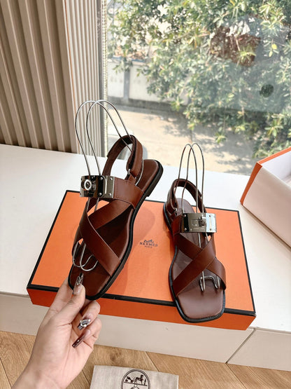 Hermes Women Brown Leather Sandals