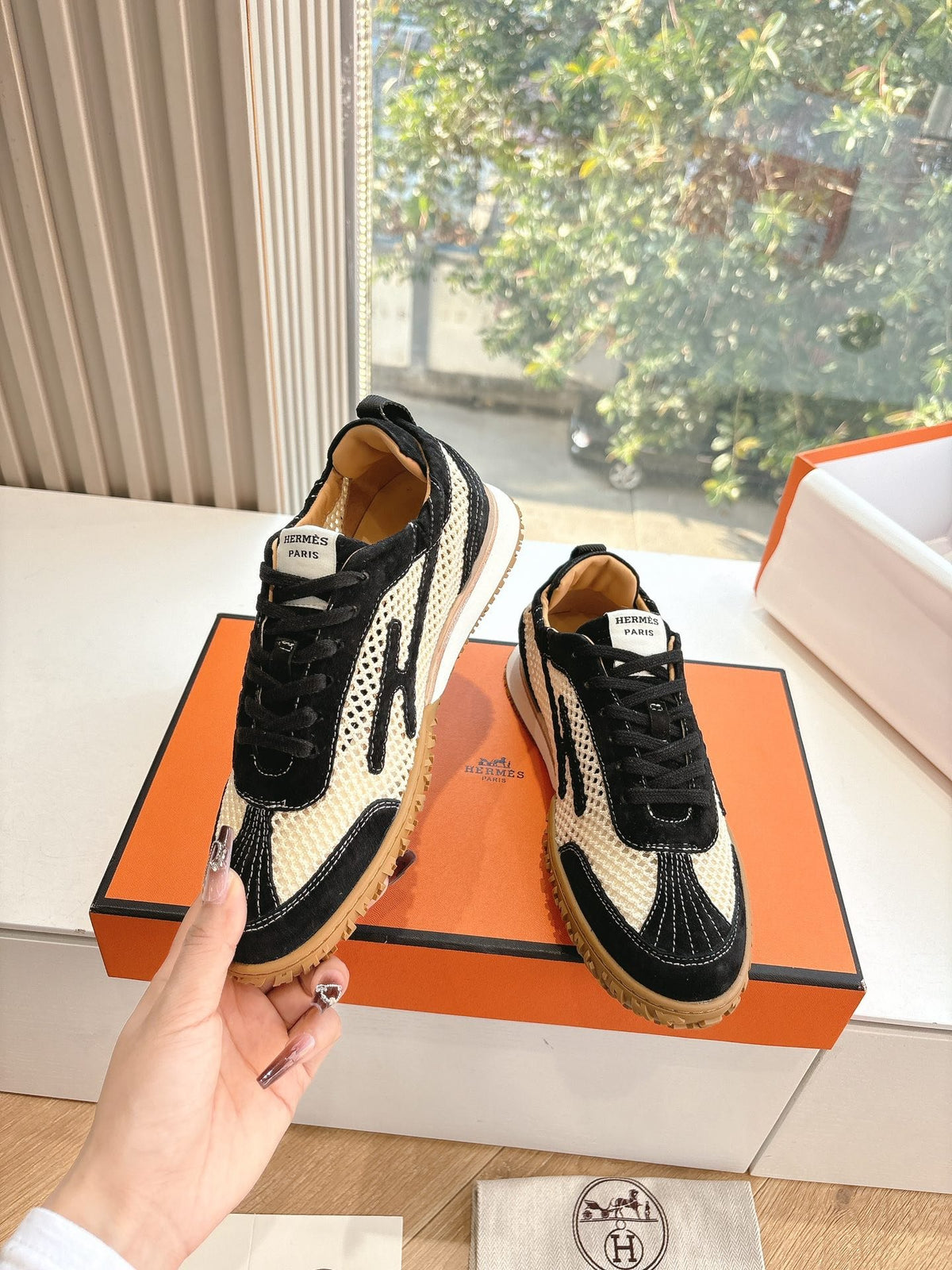 Hermes Women Black And White Mesh Sneakers