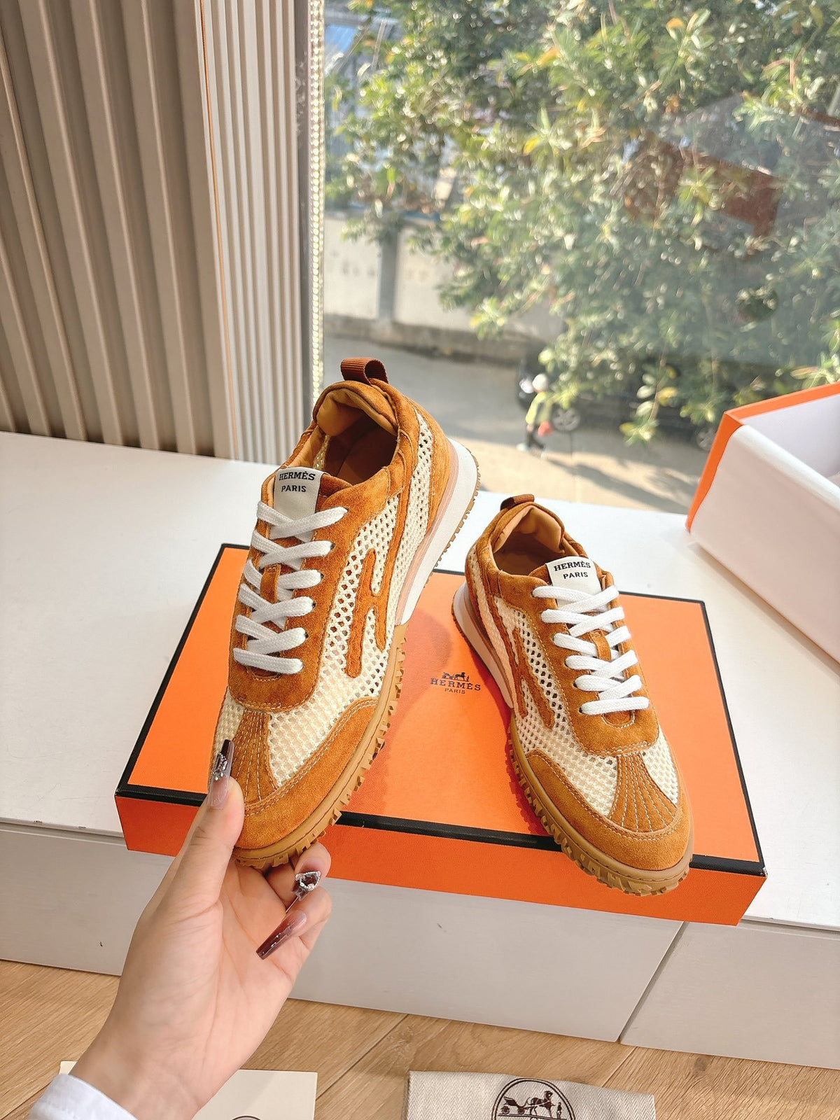 Hermes Women Brown Mesh Suede Sneakers