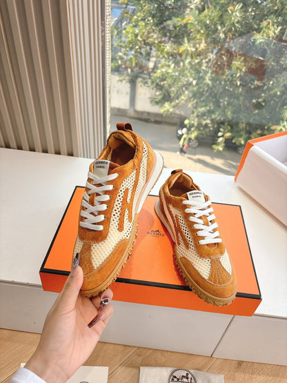 Hermes Women Brown Mesh Suede Sneakers