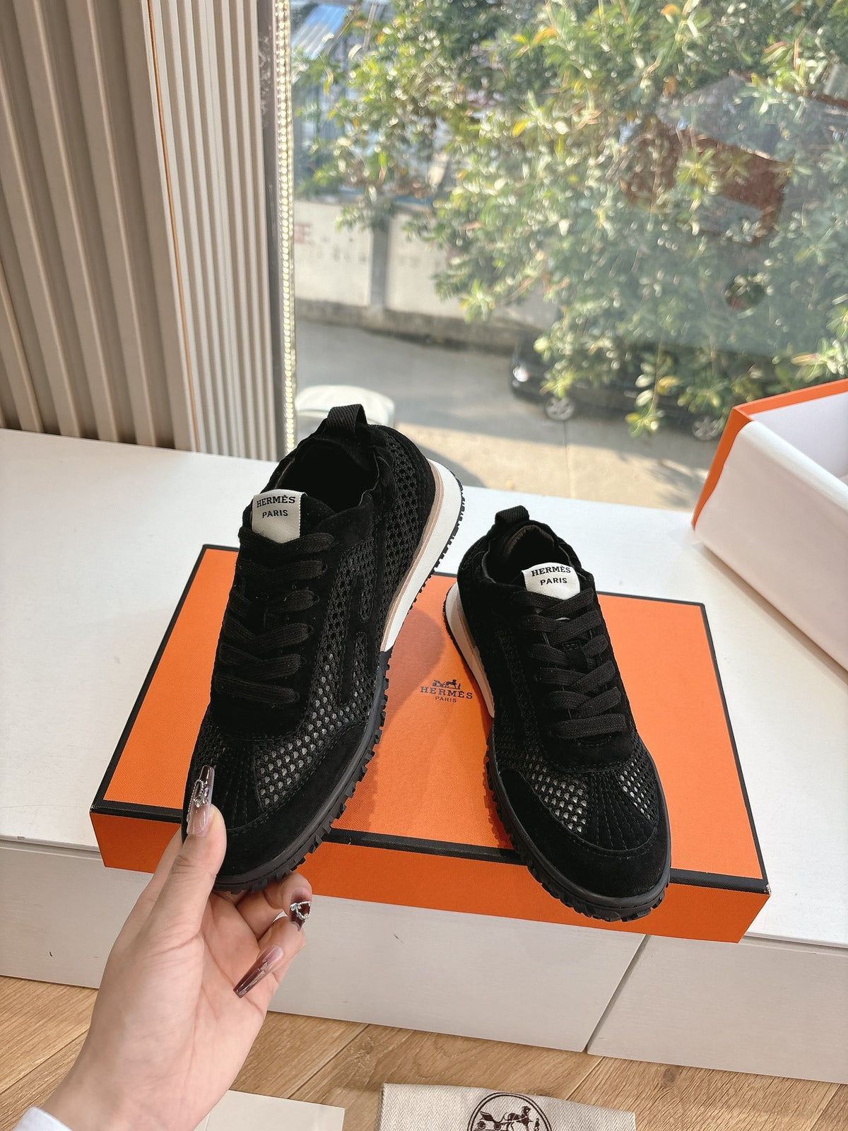 Hermes Women Black Suede Mesh Sneakers