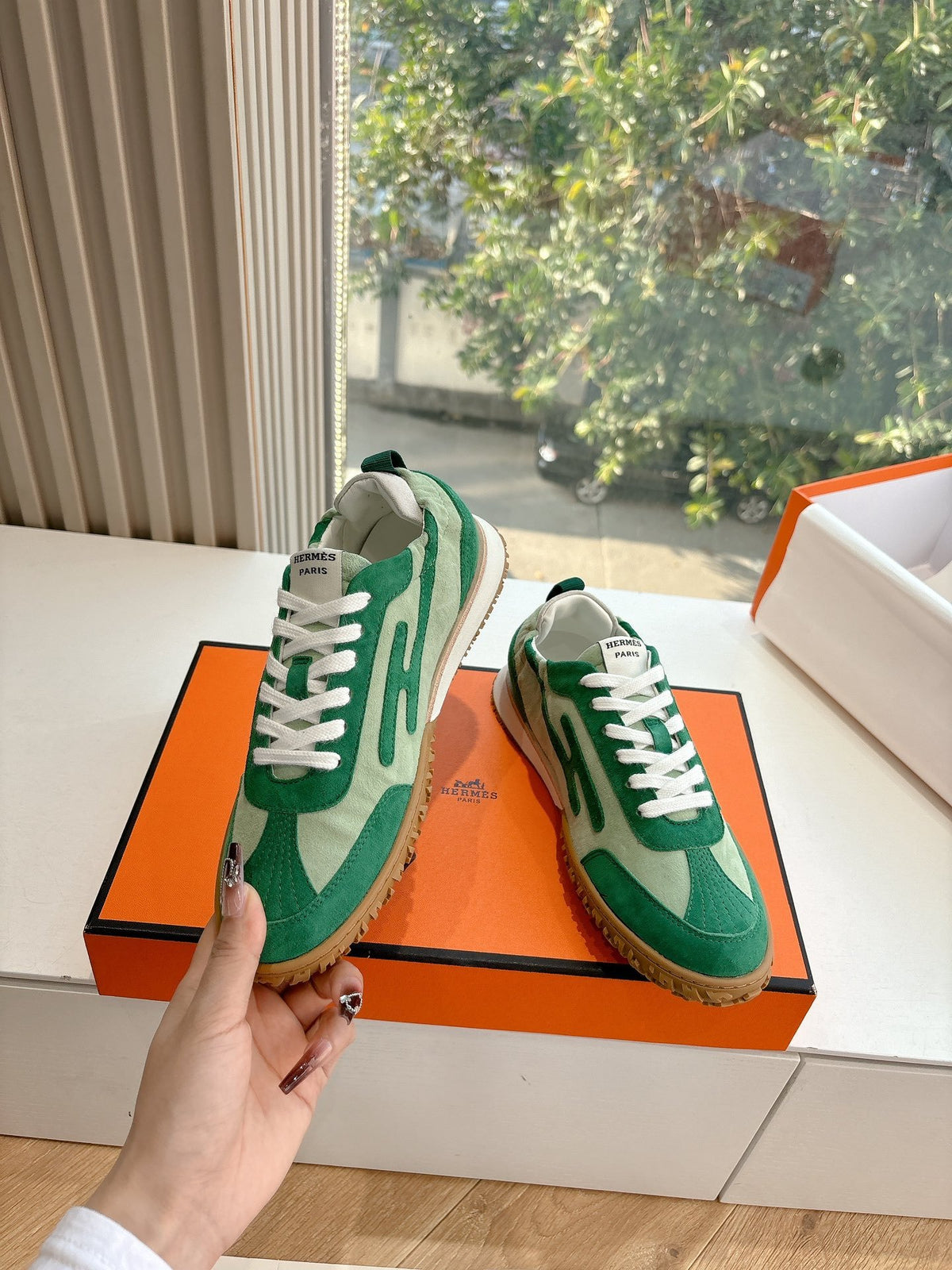 Hermes Women Green Suede Canvas Sneakers